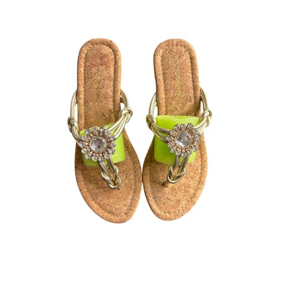 Arturio Chiang Women's Gold Leather Bling Thong Sandal with Cork Wedge 7 NWOB - Picture 1 of 9